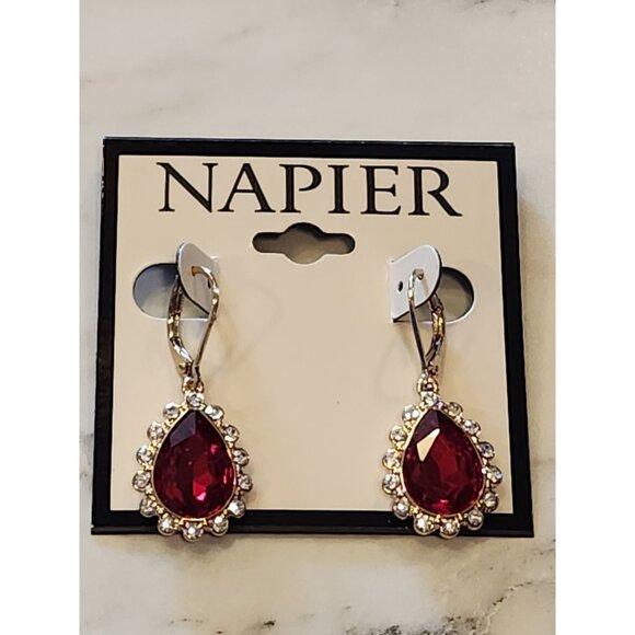 Napier Gold-Tone Leverback Earrings Red Teardrop Gemstone Clear Crystal Accents - Picture 1 of 5